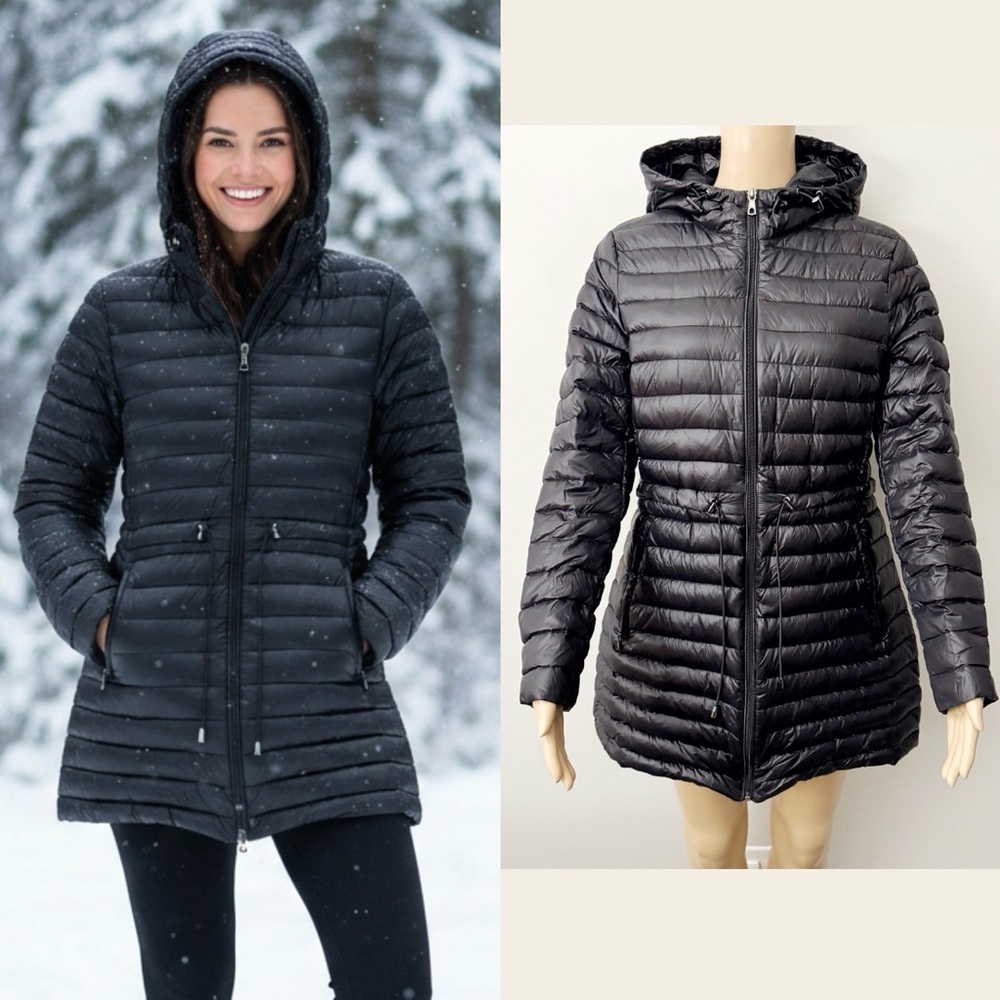 CONTEMPORAINS Lightweight Packable Winter Puffer Black Hooded Down Jacket Coat. - Picture 16 of 16